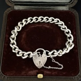 Antique Silver English Heart Padlock Curb Chain Bracelet