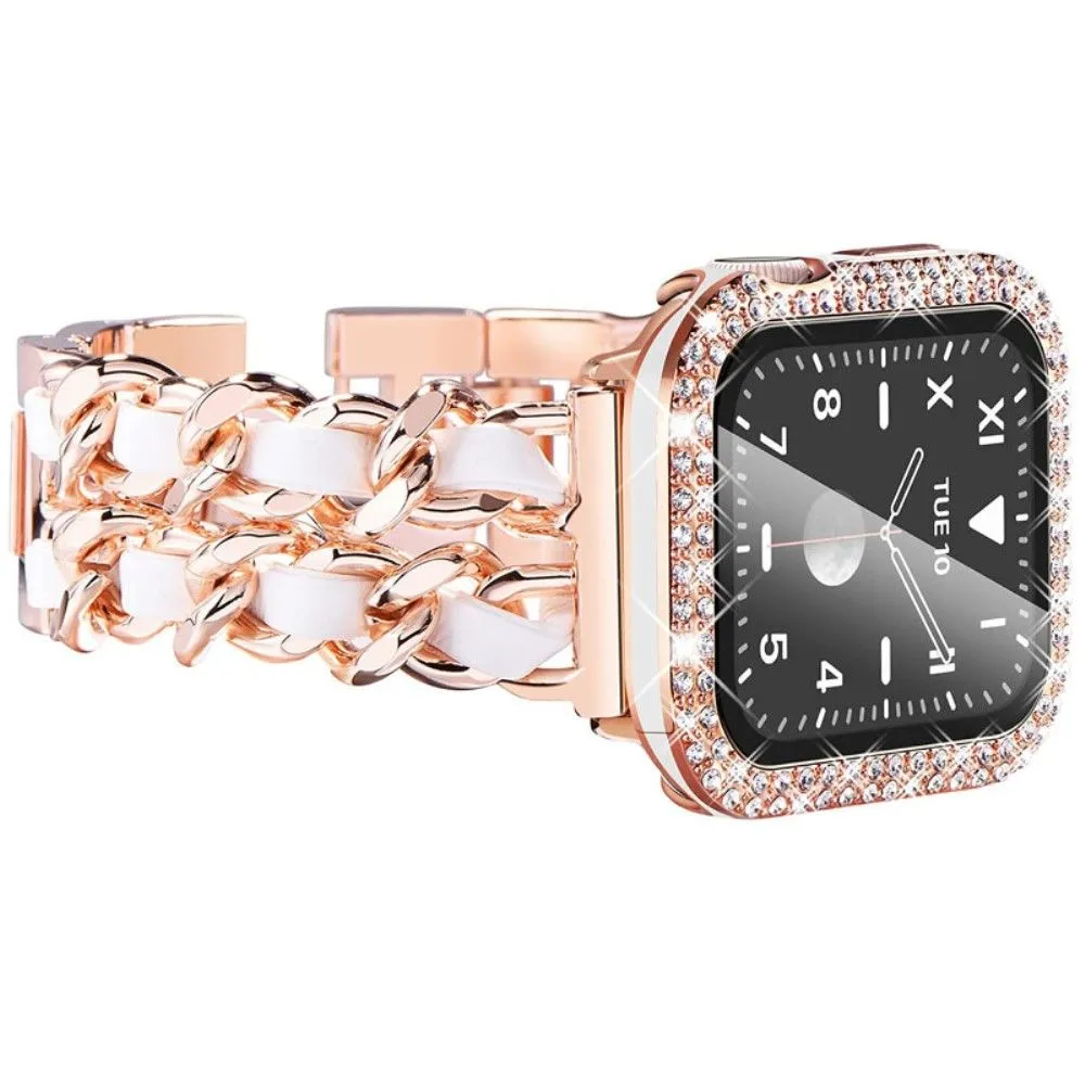 Apple Watch Series 3/2/1 38mm elegant stainless steel with rhinestone cover - Rose Gold / White Leather