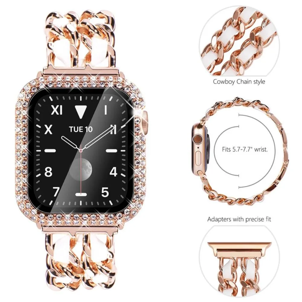 Apple Watch Series 3/2/1 38mm elegant stainless steel with rhinestone cover - Rose Gold / White Leather