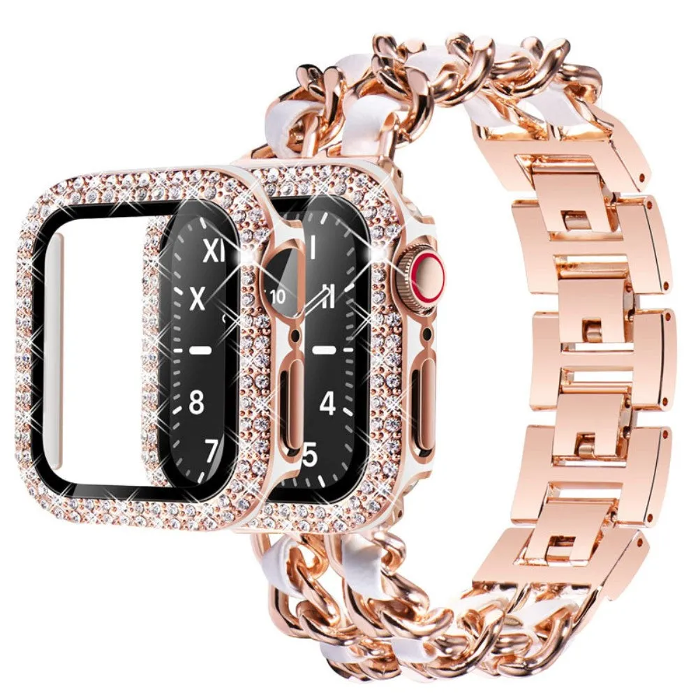 Apple Watch Series 3/2/1 38mm elegant stainless steel with rhinestone cover - Rose Gold / White Leather