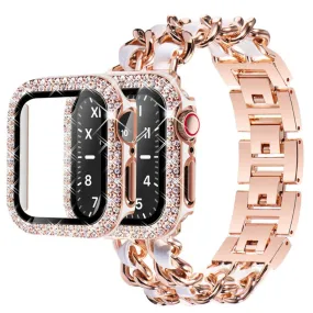Apple Watch Series 3/2/1 38mm elegant stainless steel with rhinestone cover - Rose Gold / White Leather