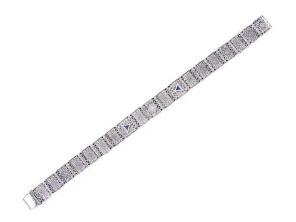 Art Deco Filigree Diamond and Sapphire Bracelet in 14 Karat White Gold
