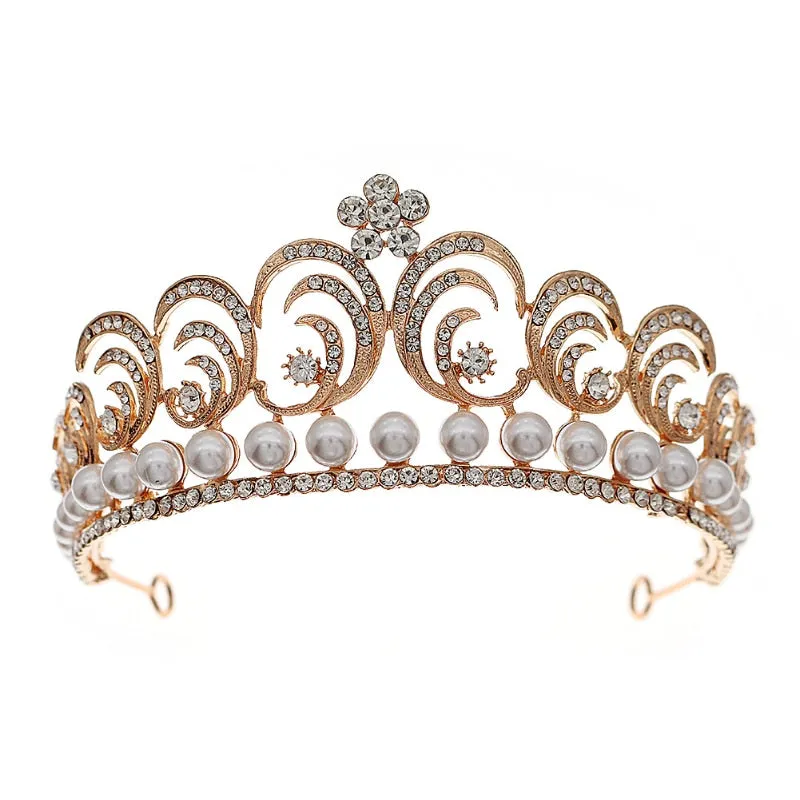 Baroque Swirls Queen Tiara-Crown Adorned with Rhinestones and Simulated Pearl- For Bride or Mis Quince