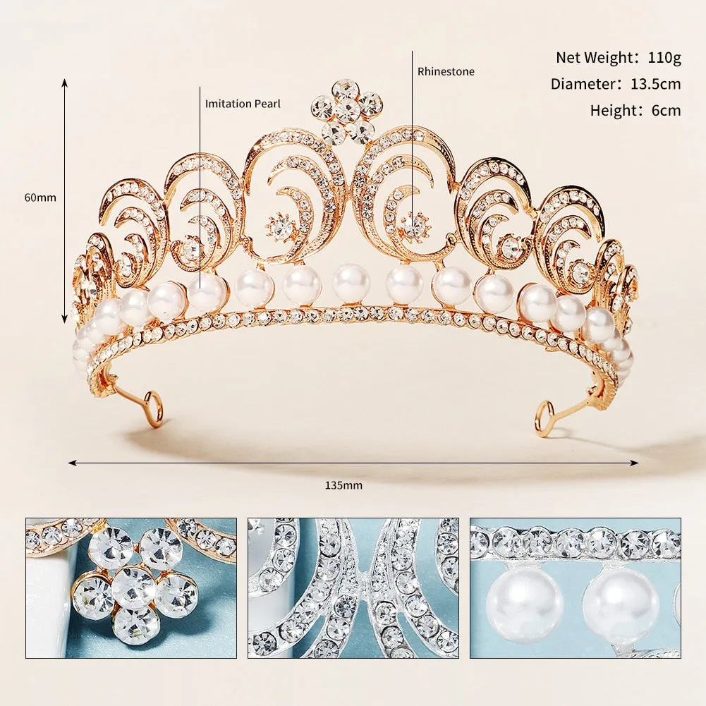 Baroque Swirls Queen Tiara-Crown Adorned with Rhinestones and Simulated Pearl- For Bride or Mis Quince
