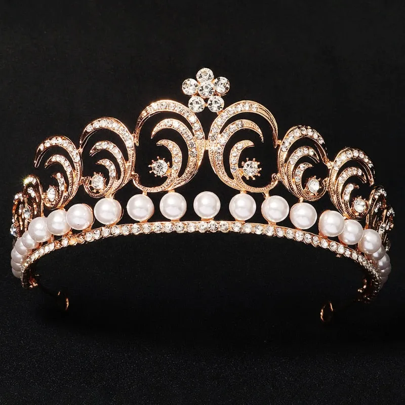 Baroque Swirls Queen Tiara-Crown Adorned with Rhinestones and Simulated Pearl- For Bride or Mis Quince
