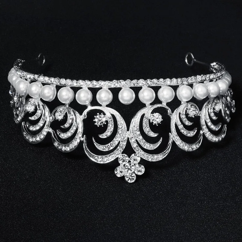 Baroque Swirls Queen Tiara-Crown Adorned with Rhinestones and Simulated Pearl- For Bride or Mis Quince