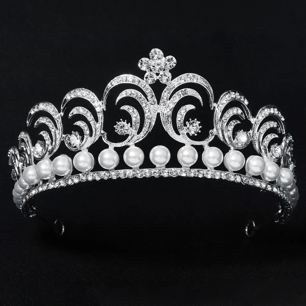Baroque Swirls Queen Tiara-Crown Adorned with Rhinestones and Simulated Pearl- For Bride or Mis Quince