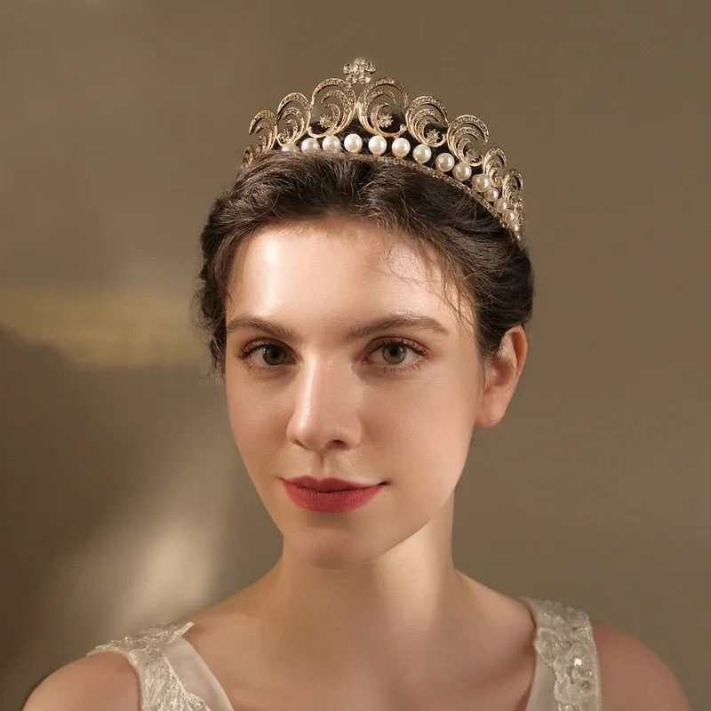 Baroque Swirls Queen Tiara-Crown Adorned with Rhinestones and Simulated Pearl- For Bride or Mis Quince