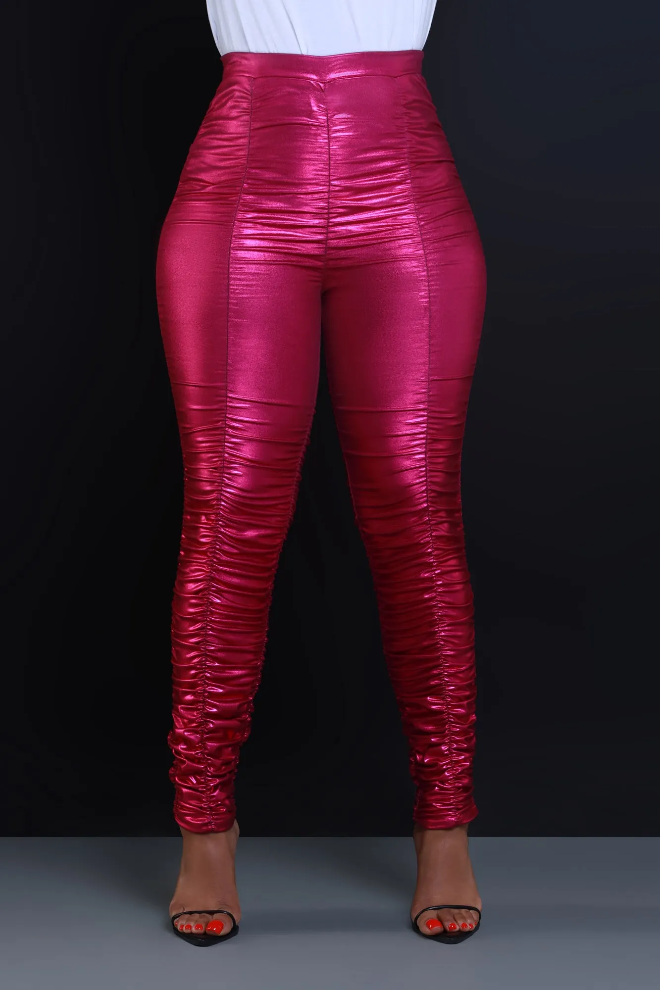 Be Honest Ruched High Waist Pants - Fuchsia Metallic Leggings