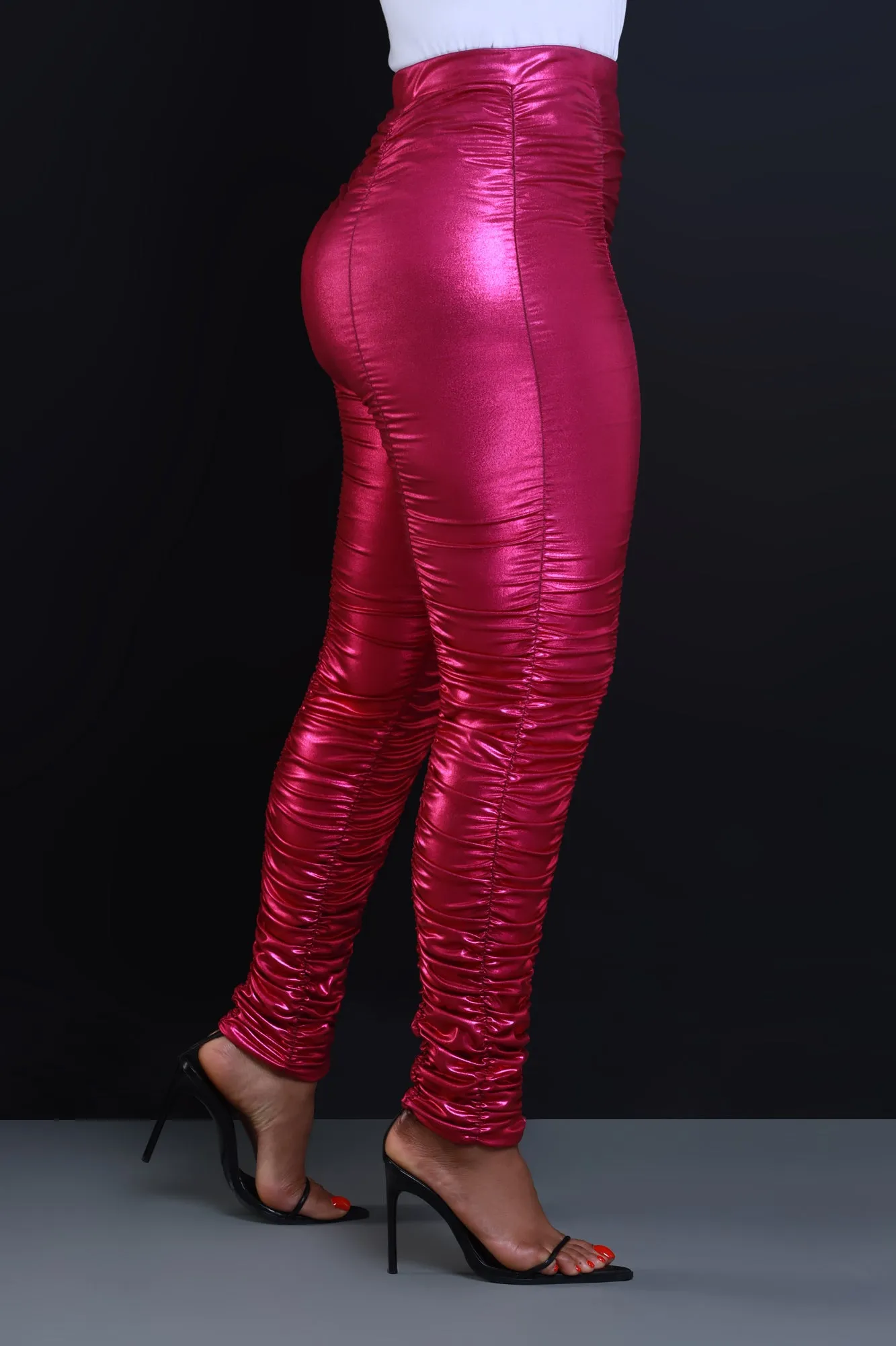 Be Honest Ruched High Waist Pants - Fuchsia Metallic Leggings