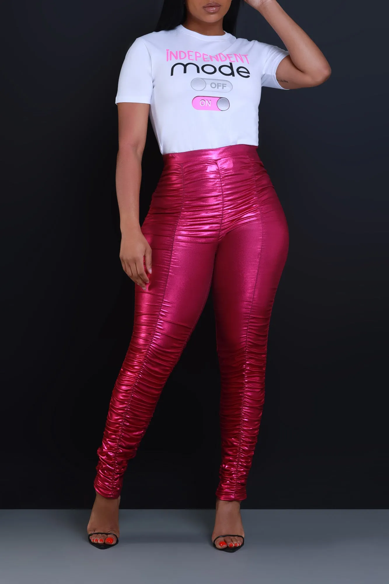 Be Honest Ruched High Waist Pants - Fuchsia Metallic Leggings