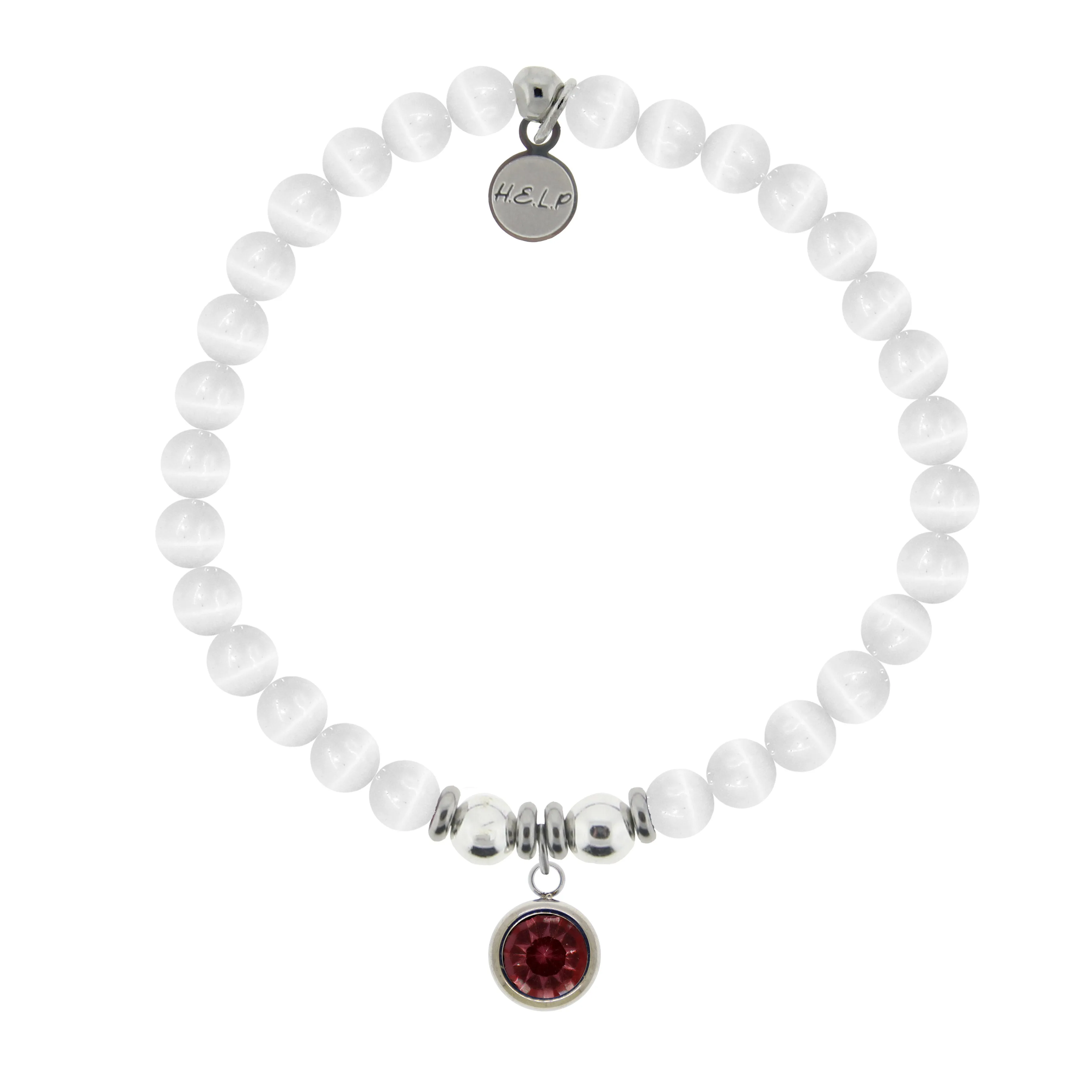 Birthstone Collection - January Garnet Crystal Charm with White Cats Eye Charity Bracelet