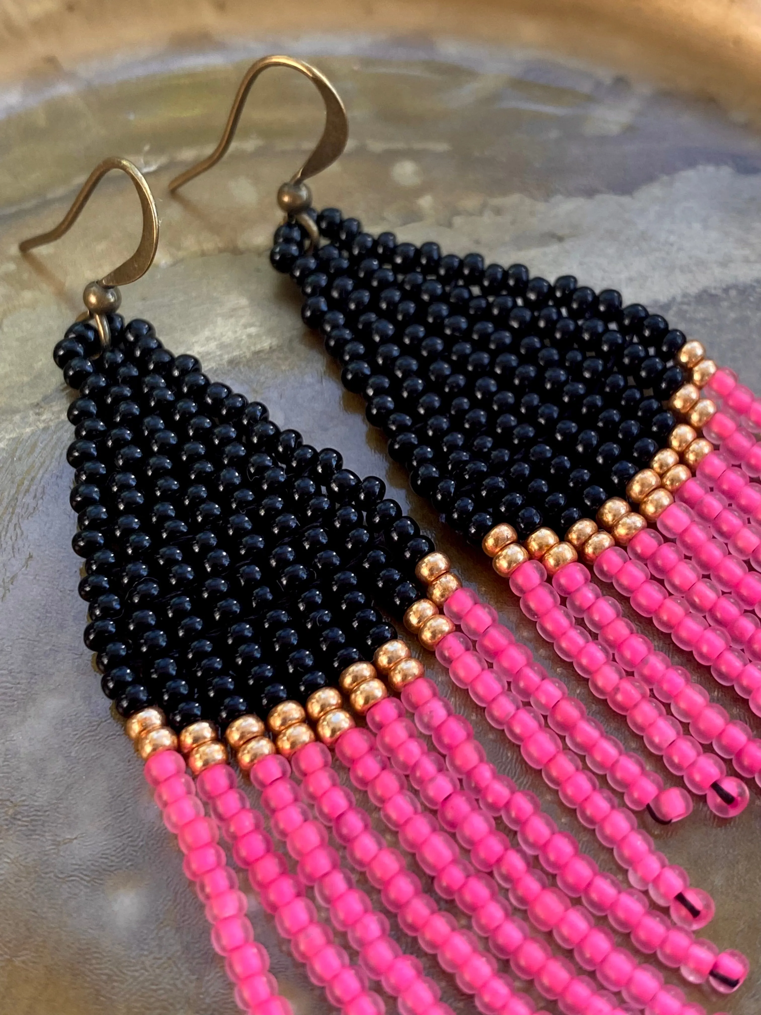Black Gold Pink Seed Bead Fringe Earrings, Handmade Chandelier Earrings, Aesthetic earrings, Fuchsia Earring, Dangle Statement Earring Boho