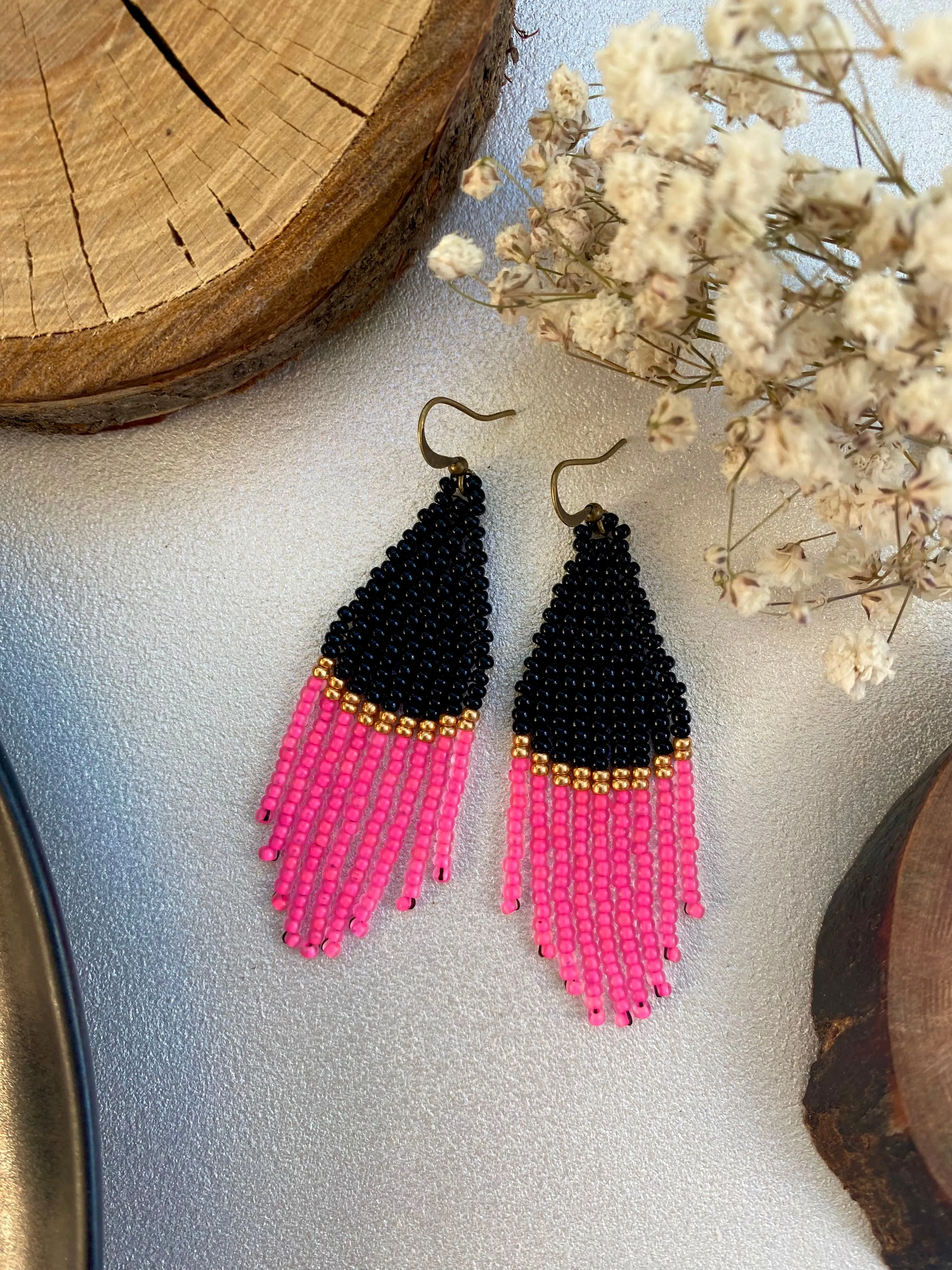 Black Gold Pink Seed Bead Fringe Earrings, Handmade Chandelier Earrings, Aesthetic earrings, Fuchsia Earring, Dangle Statement Earring Boho
