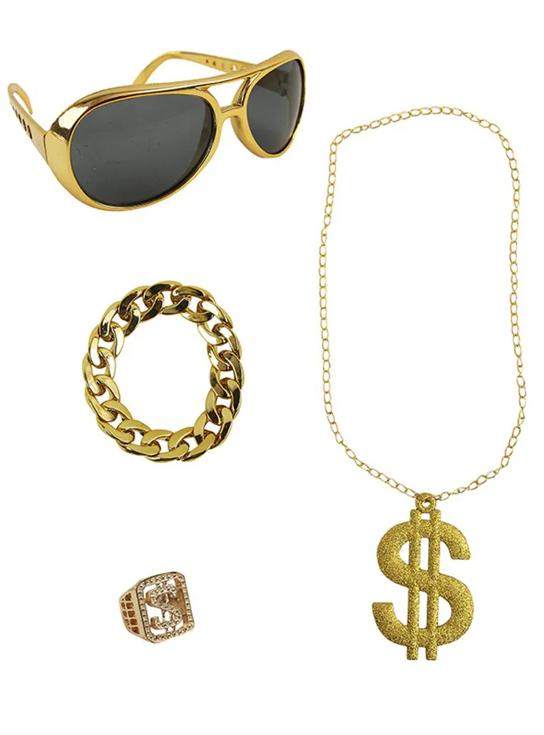 Bling Gold Hip Hop Glasses and Jewellery Costume Accessory Set