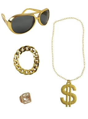 Bling Gold Hip Hop Glasses and Jewellery Costume Accessory Set