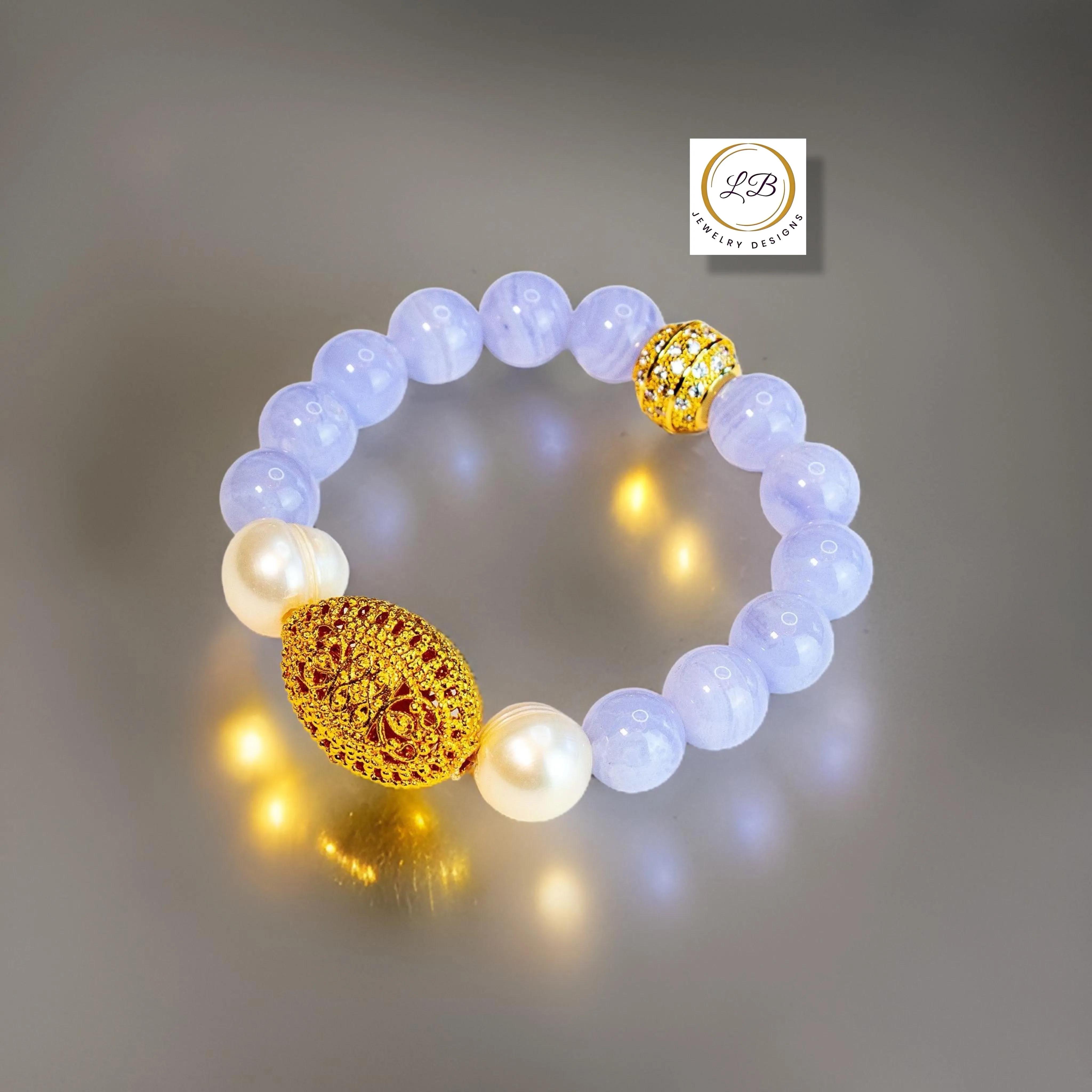 Blue Lace and Pearl Gemstone Bracelet with Vermeil Bali Filigree Accent