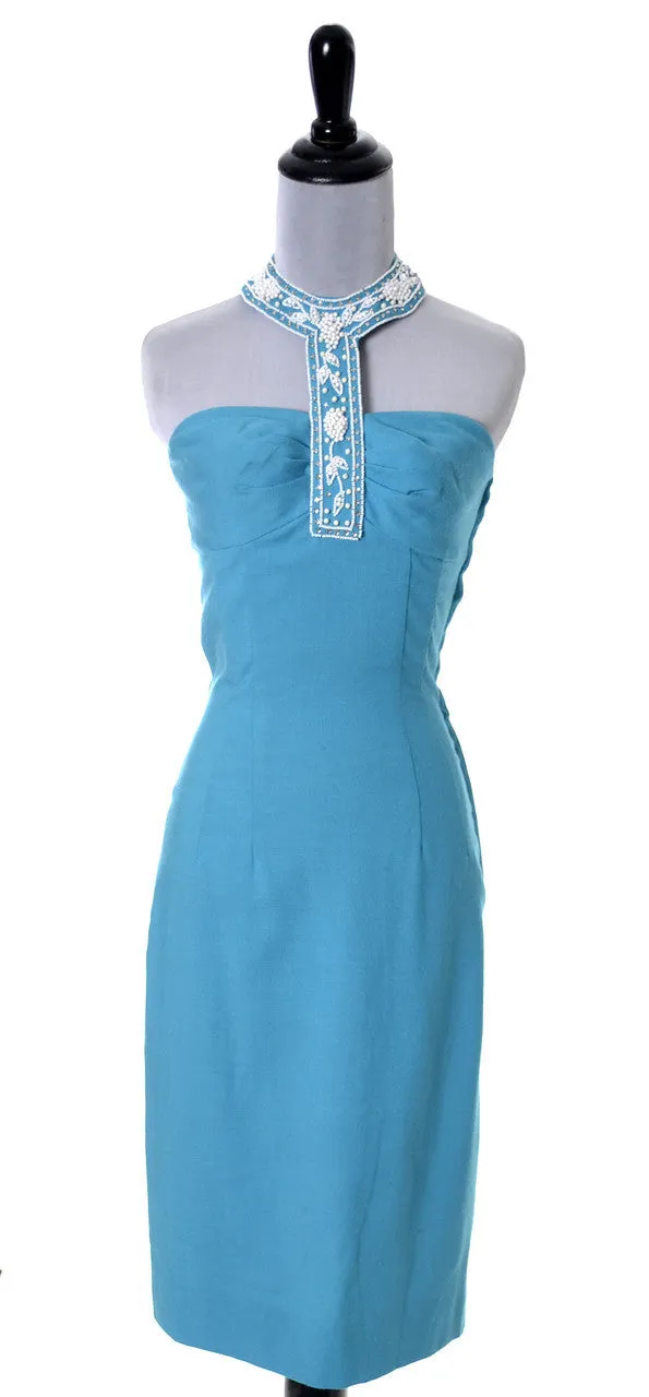 Blue Robert Morton for Tiara Vintage 1950's Beaded Halter Collar