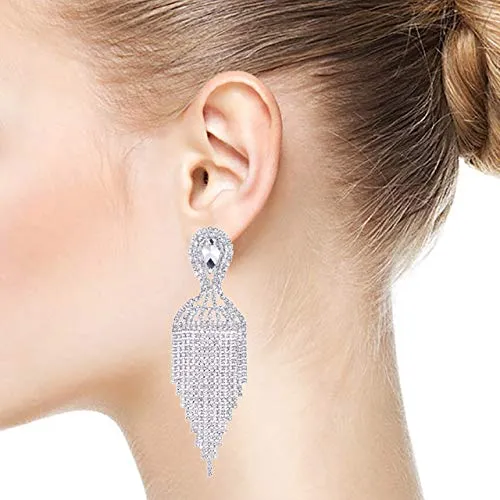 Bridal Banquet Teardrop Crystal Rhinestone Cluster Chandelier Waterfall Tassel Large Dangle Earrings