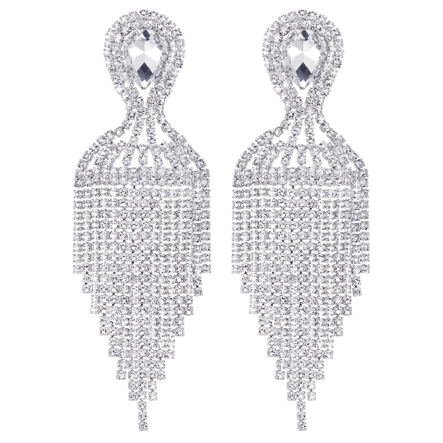 Bridal Banquet Teardrop Crystal Rhinestone Cluster Chandelier Waterfall Tassel Large Dangle Earrings