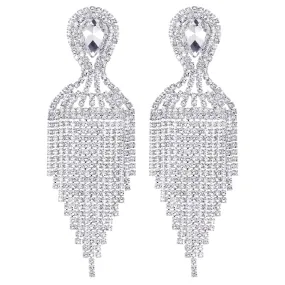 Bridal Banquet Teardrop Crystal Rhinestone Cluster Chandelier Waterfall Tassel Large Dangle Earrings