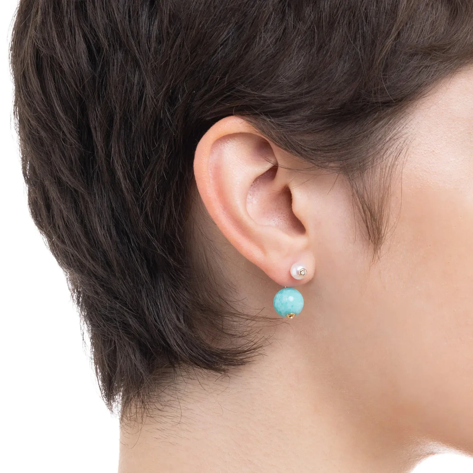 Bumble Bee Earring - Diamond and Pearl With Amazonite