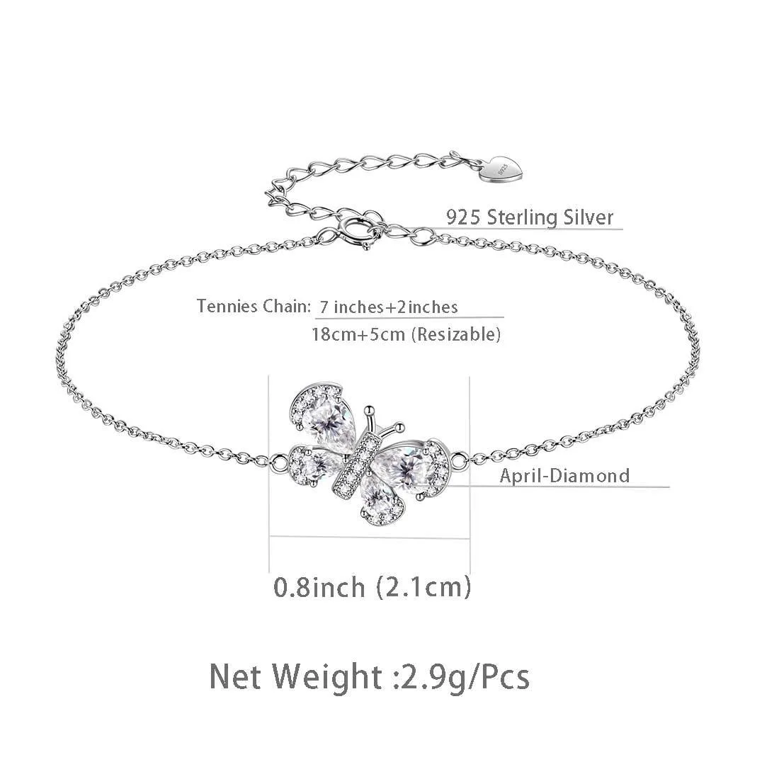 Butterfly Bracelet Birthstone April Diamond Crystal Women Girls Jewelry Birthday Gift