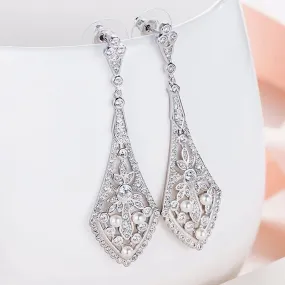 Cassandra Elegant Art Deco CZ Pave & Pearl Dangle