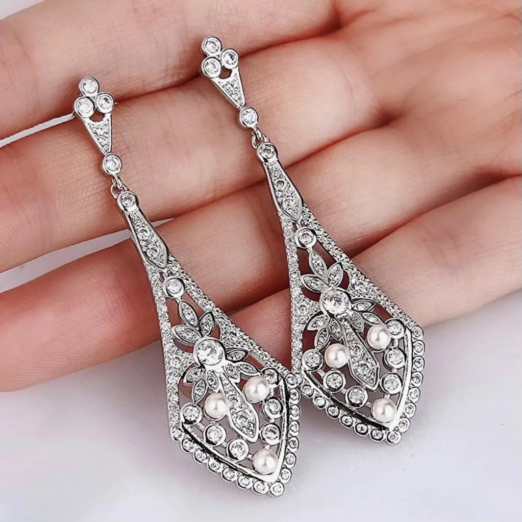 Cassandra Elegant Art Deco CZ Pave & Pearl Dangle