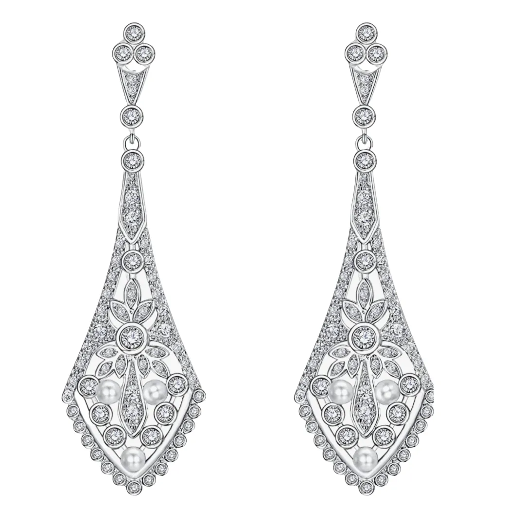 Cassandra Elegant Art Deco CZ Pave & Pearl Dangle