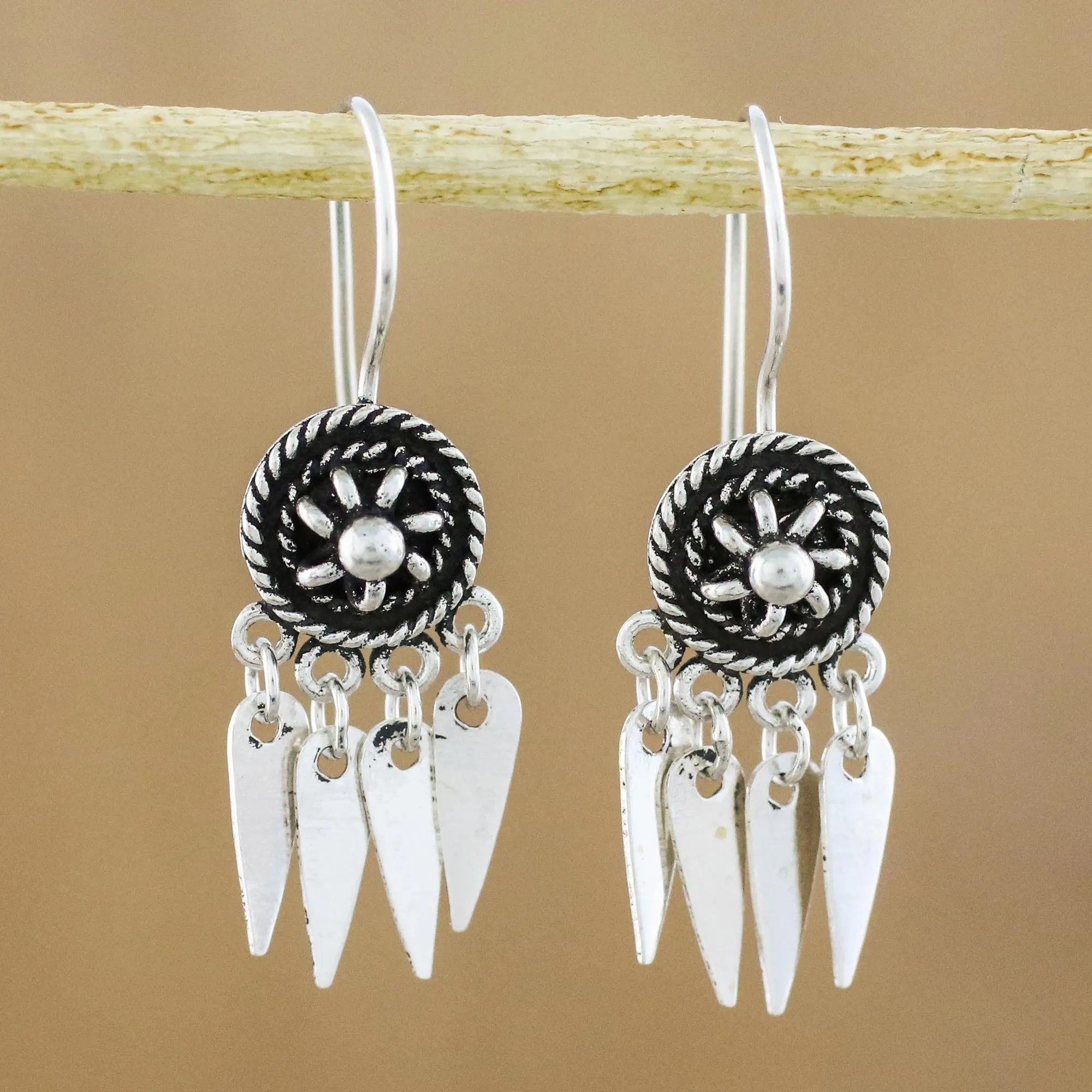 Circular Sterling Silver Chandelier Earrings from Thailand - La Na Wheels | NOVICA