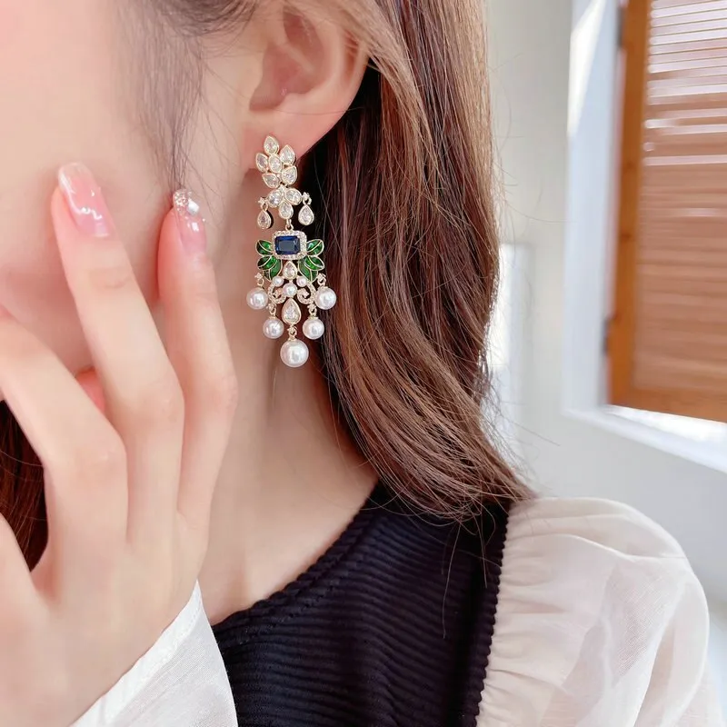 Cubic Zircon Chandelier Earrings for Wedding, Green Leaves Dangle Earring Women's Party,Gatherings Jewelry Accessories