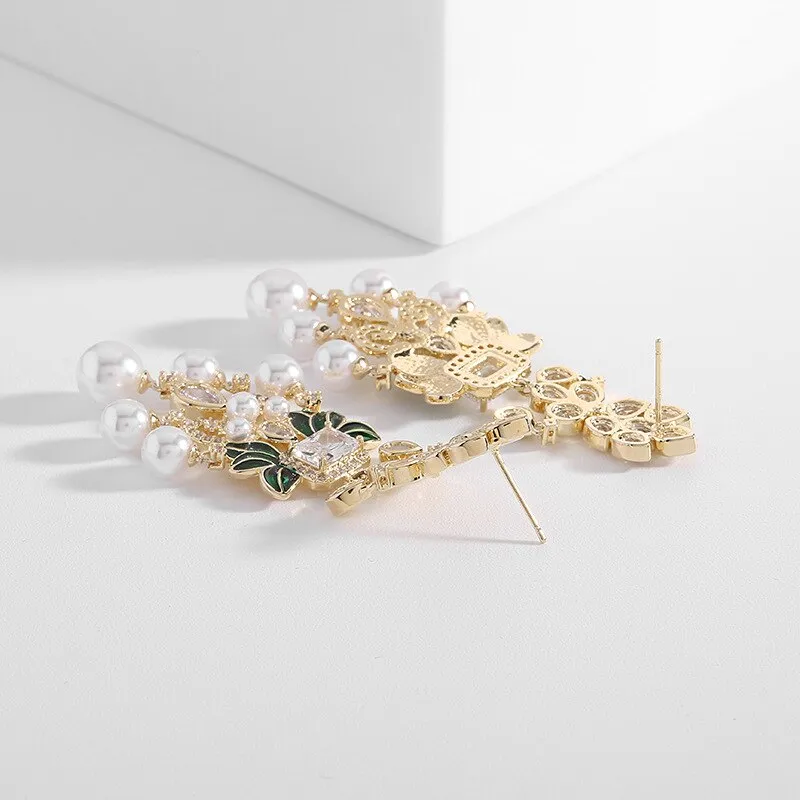 Cubic Zircon Chandelier Earrings for Wedding, Green Leaves Dangle Earring Women's Party,Gatherings Jewelry Accessories