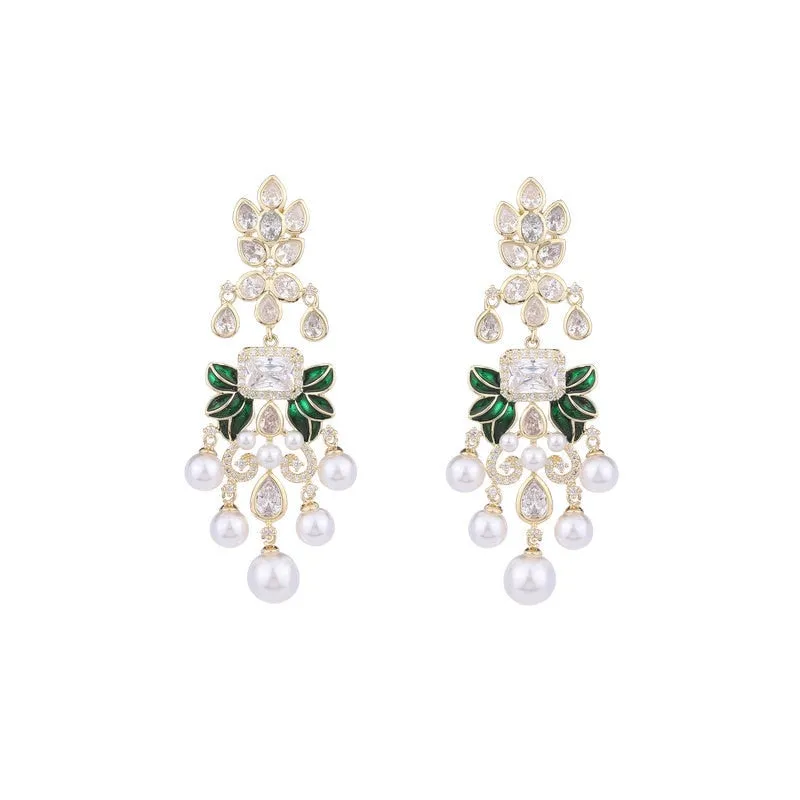 Cubic Zircon Chandelier Earrings for Wedding, Green Leaves Dangle Earring Women's Party,Gatherings Jewelry Accessories