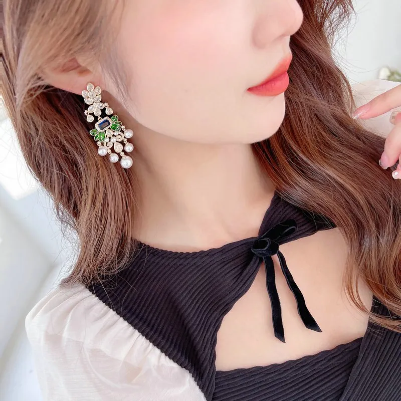 Cubic Zircon Chandelier Earrings for Wedding, Green Leaves Dangle Earring Women's Party,Gatherings Jewelry Accessories