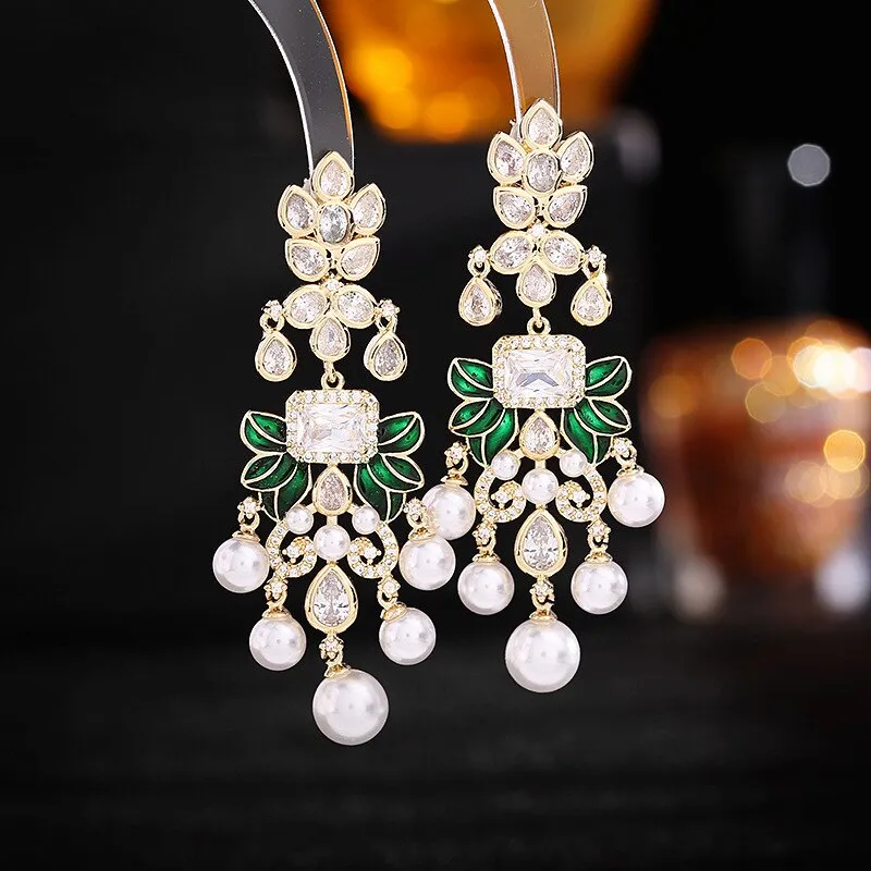 Cubic Zircon Chandelier Earrings for Wedding, Green Leaves Dangle Earring Women's Party,Gatherings Jewelry Accessories