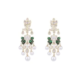 Cubic Zircon Chandelier Earrings for Wedding, Green Leaves Dangle Earring Women's Party,Gatherings Jewelry Accessories