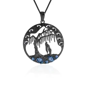 Dark Retro Style Inlaid Natural Colourful Gemstone Forest Circle Pendant Silver Necklace Pendant for Women
