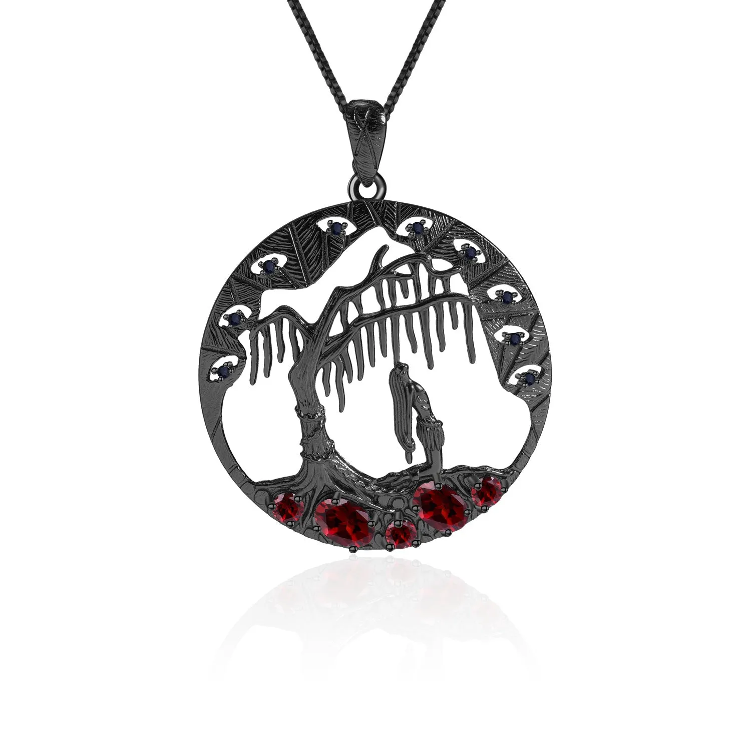 Dark Retro Style Inlaid Natural Colourful Gemstone Forest Circle Pendant Silver Necklace Pendant for Women