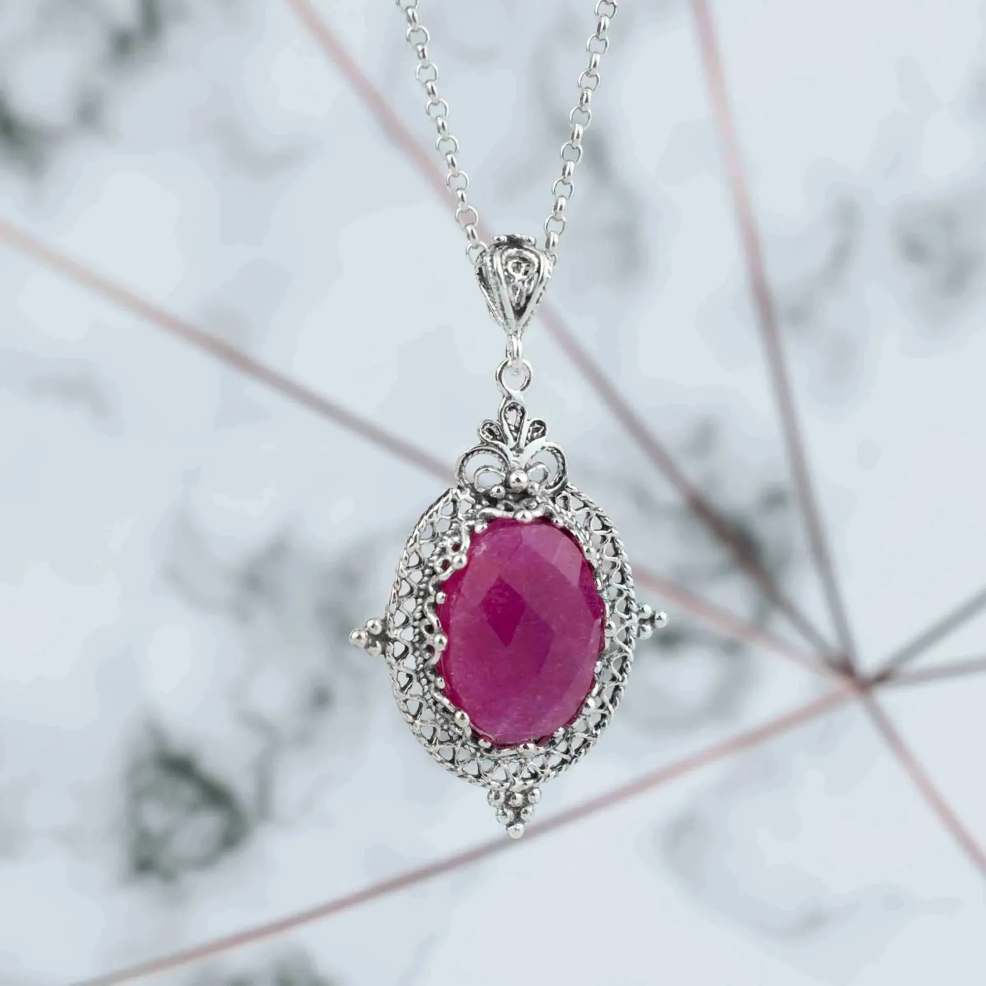Elegant Ruby Corundum Filigree Art Silver Pendant - A Timeless Necklace for Women