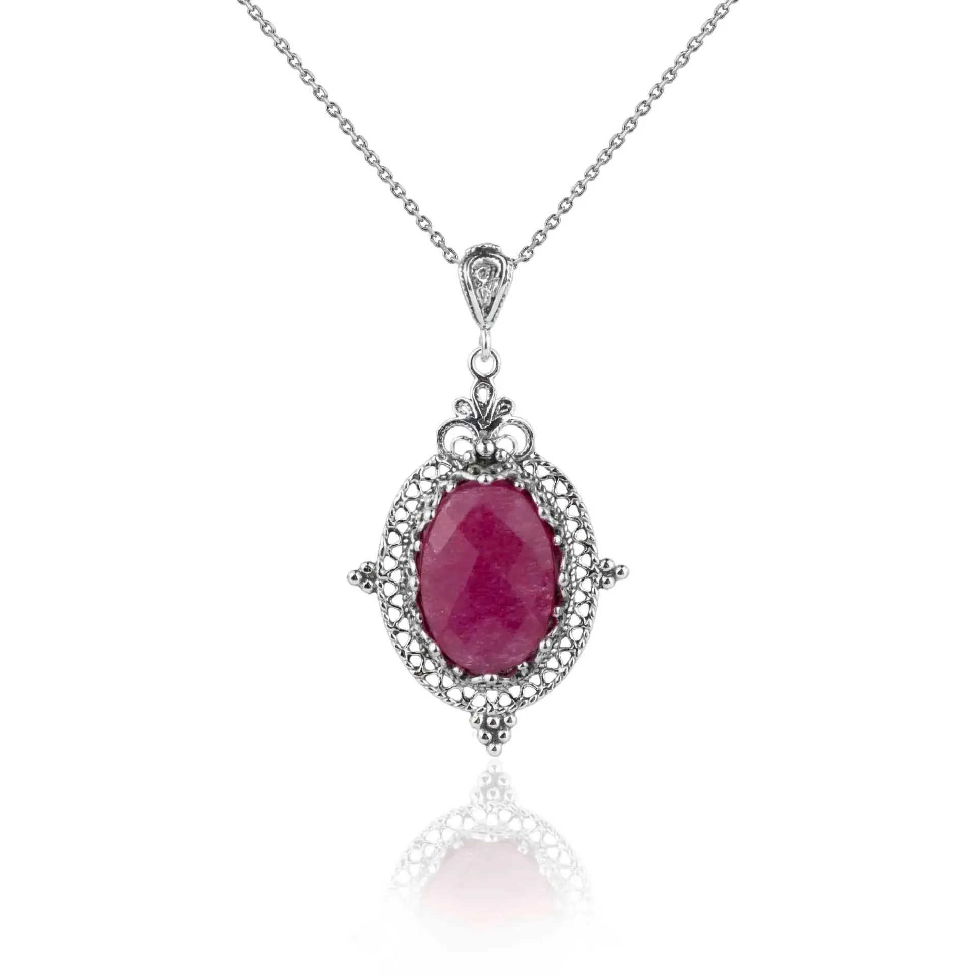 Elegant Ruby Corundum Filigree Art Silver Pendant - A Timeless Necklace for Women