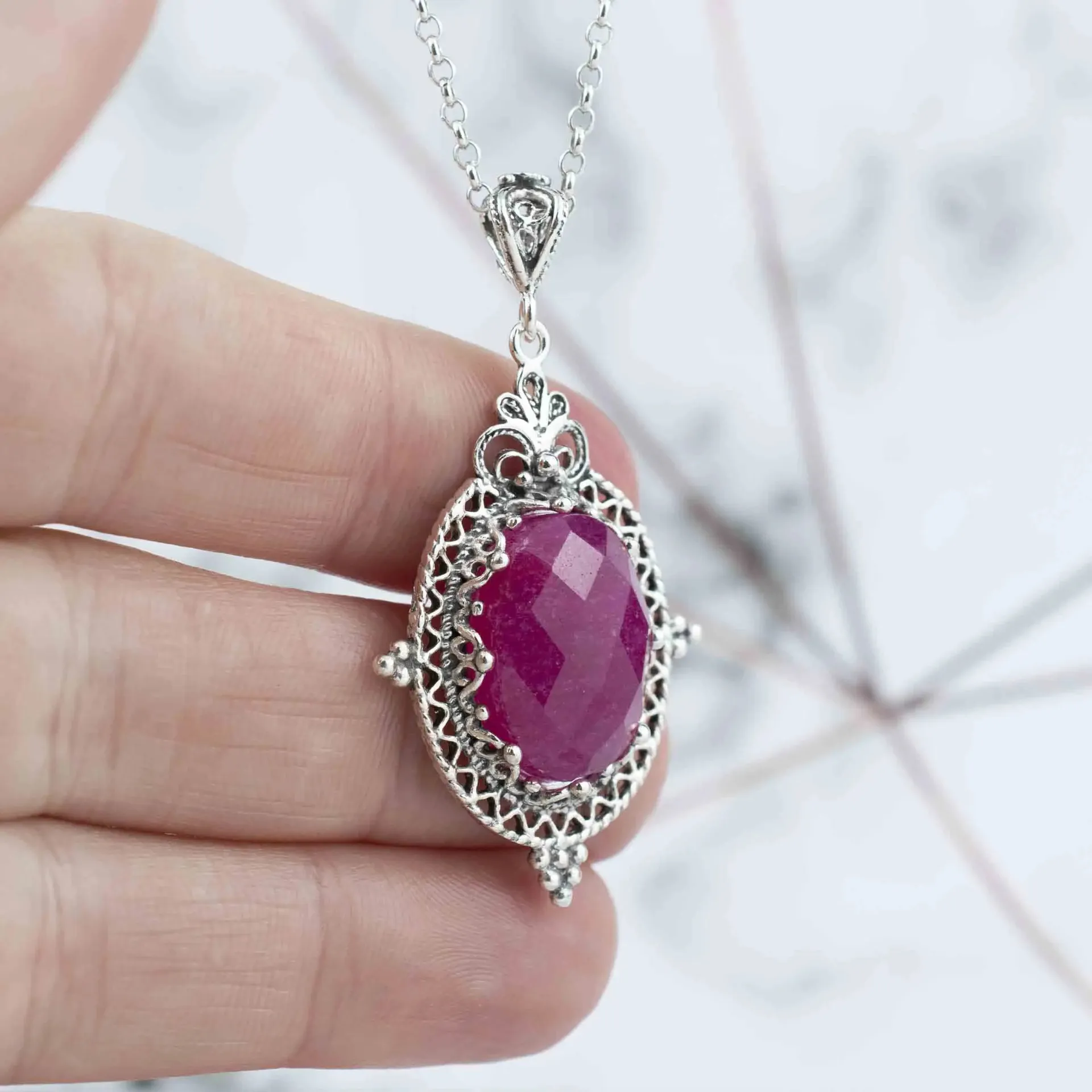 Elegant Ruby Corundum Filigree Art Silver Pendant - A Timeless Necklace for Women