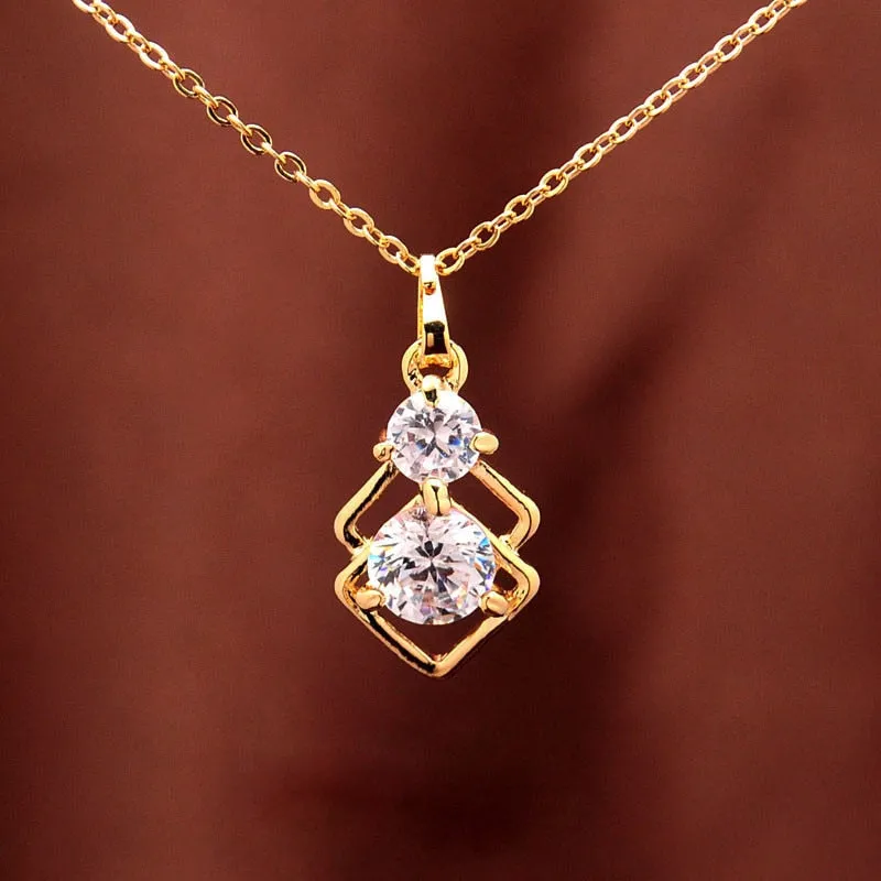 Elegant Wedding Crystal African Jewelry Sets for Women Gold Color Double Layer Square Pendant Necklace Earrings