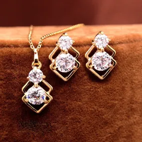 Elegant Wedding Crystal African Jewelry Sets for Women Gold Color Double Layer Square Pendant Necklace Earrings