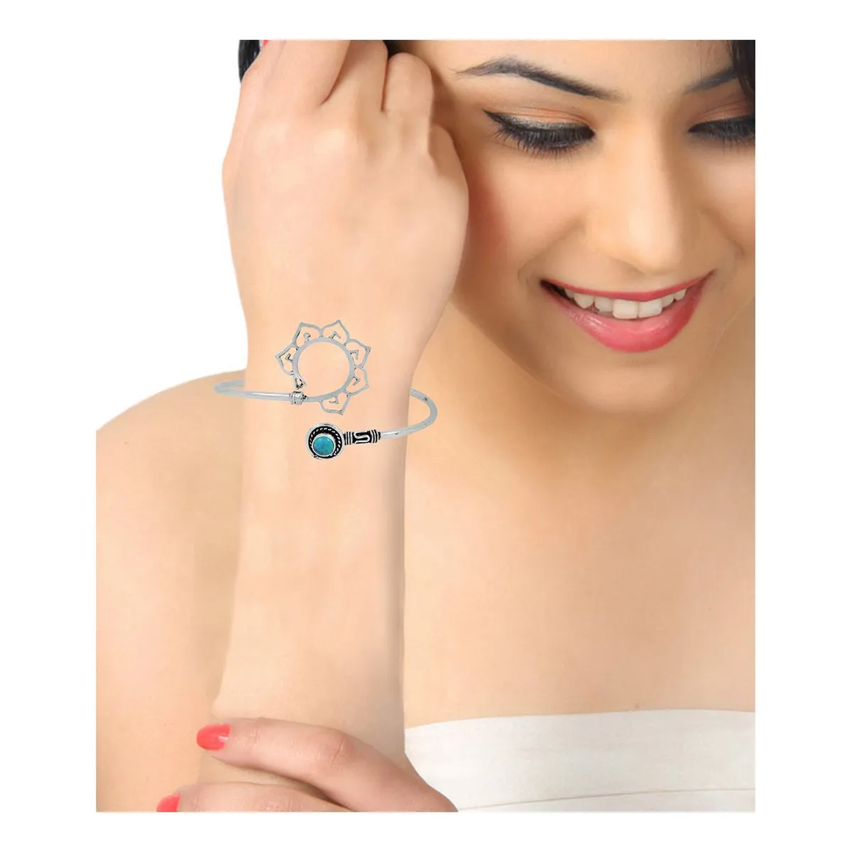 Elephant Oxidized Silver Plated Blue Adjustable Bangle Kada For Women