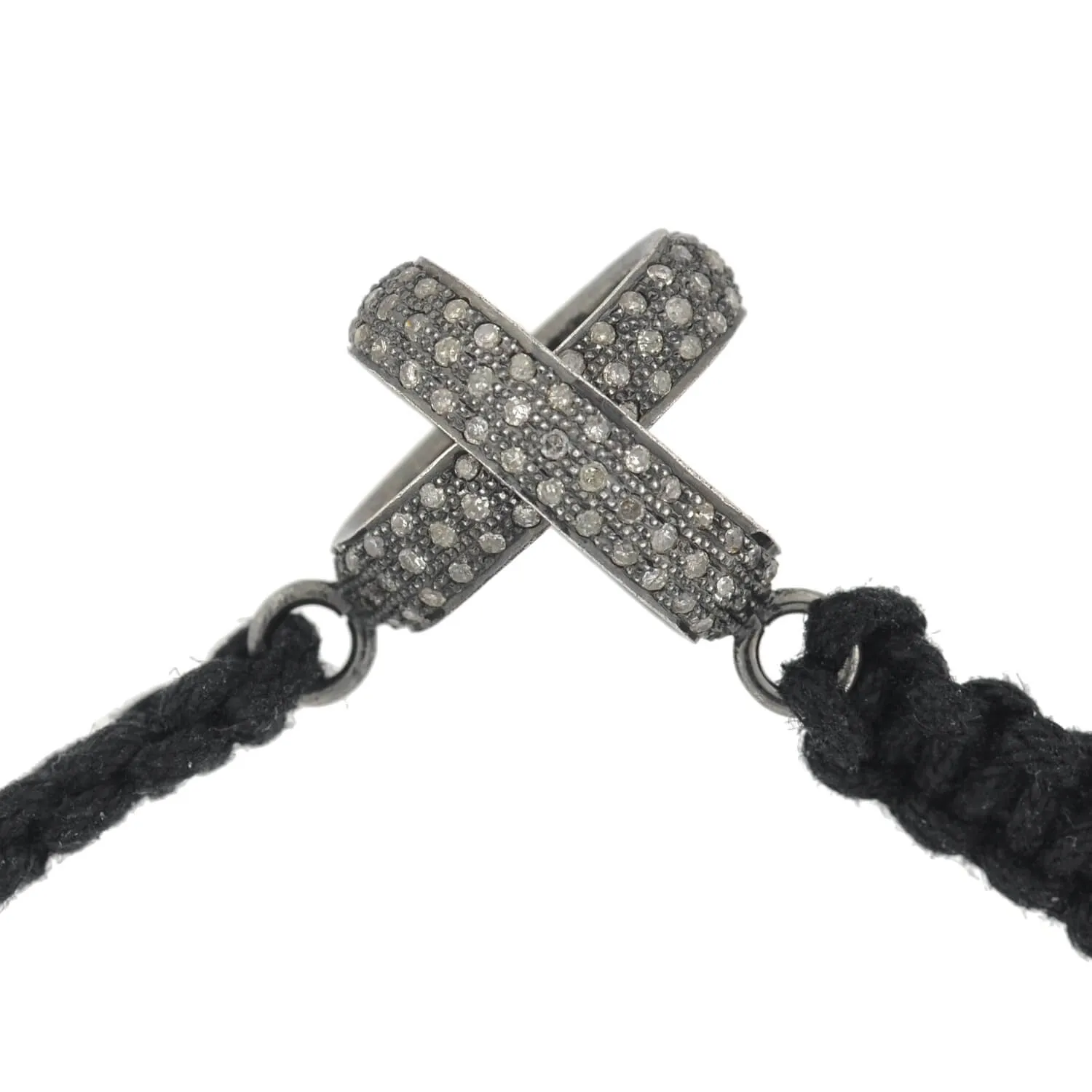 Estate Sterling Diamond Interlocking Link   Macramé Cord Bracelet