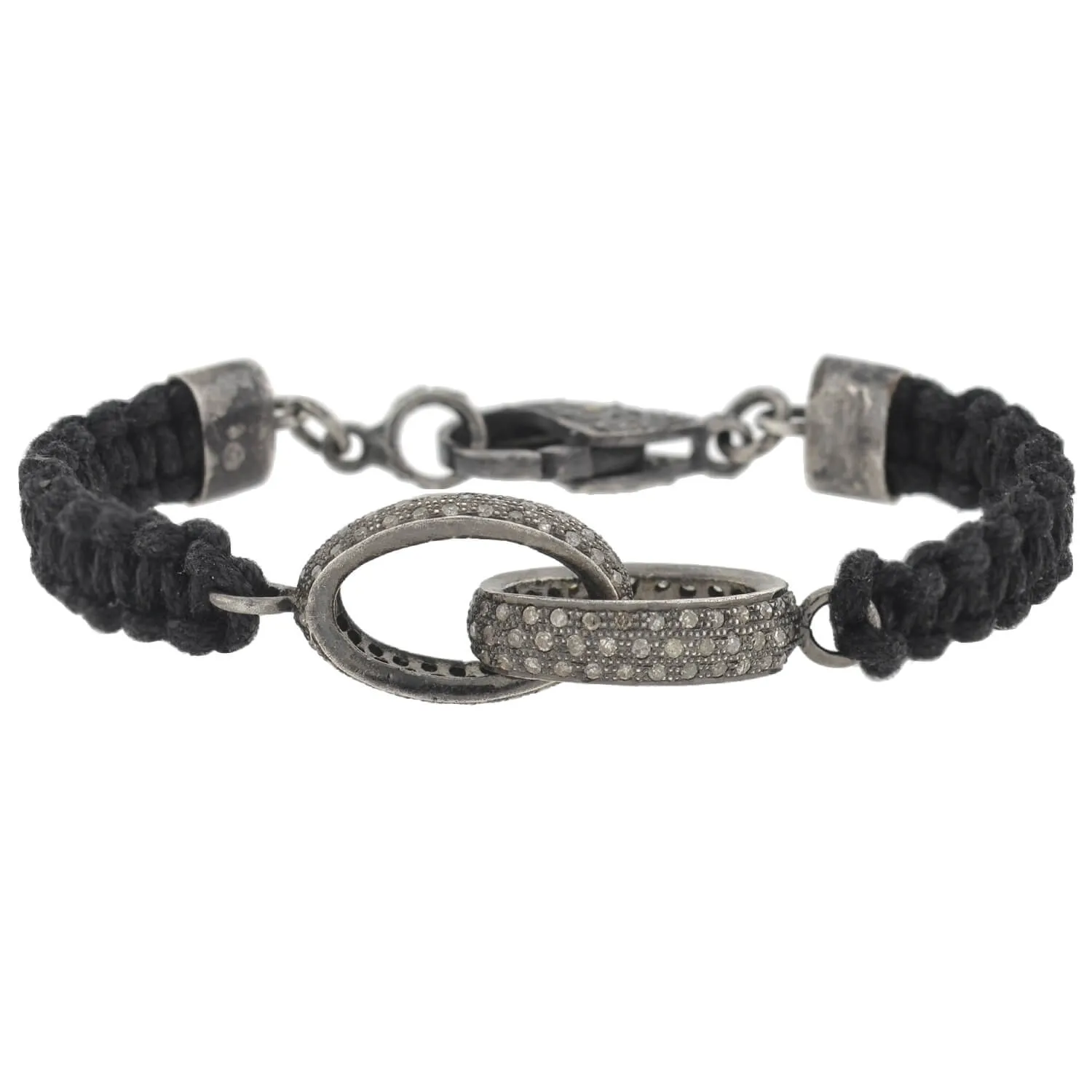 Estate Sterling Diamond Interlocking Link   Macramé Cord Bracelet
