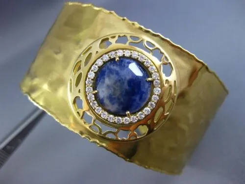 ESTATE WIDE 4.97CT DIAMOND & AAA SODALITE 18KT YELLOW GOLD CUFF BANGLE BRACELET