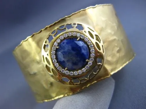 ESTATE WIDE 4.97CT DIAMOND & AAA SODALITE 18KT YELLOW GOLD CUFF BANGLE BRACELET