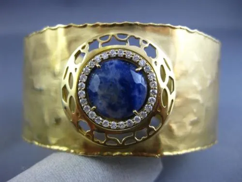ESTATE WIDE 4.97CT DIAMOND & AAA SODALITE 18KT YELLOW GOLD CUFF BANGLE BRACELET